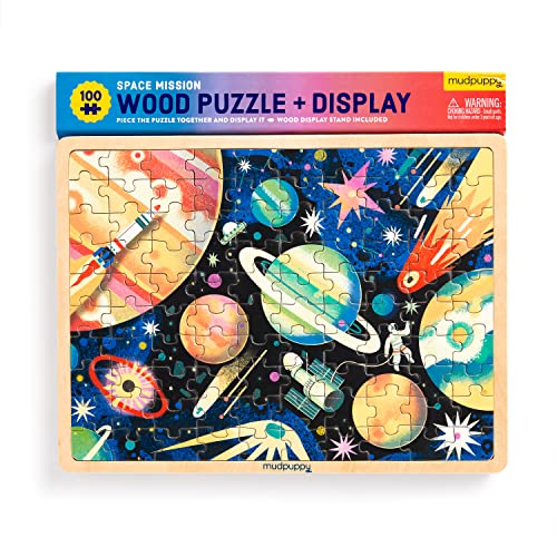 Mudpuppy Space Mission 100 Piece Wooden Puzzle for Kids, Ages 5+ | Outerspace Theme, Bright and Bold Illustrations, Sturdy Pieces, Display Stand Included, Room Décor - style: Space Mission