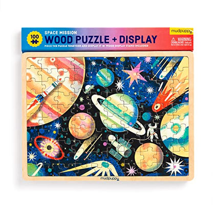 Mudpuppy Space Mission 100 Piece Wooden Puzzle for Kids, Ages 5+ | Outerspace Theme, Bright and Bold Illustrations, Sturdy Pieces, Display Stand Included, Room Décor - style: Space Mission