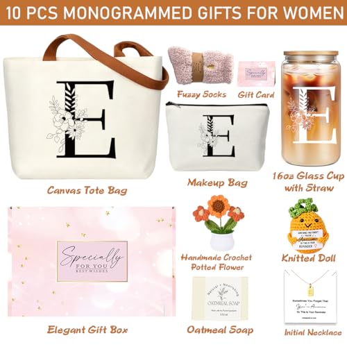 DHQH Birthday Gifts for Women, Monogrammed Gifts Box Included 16 oz Initial Glass Drinking Cup,Canvas Tote Bag, Personalized Iced Coffee Tumbler Gift for Women Her Mom Teacher Friends Sister, E - color: letter-cup-e