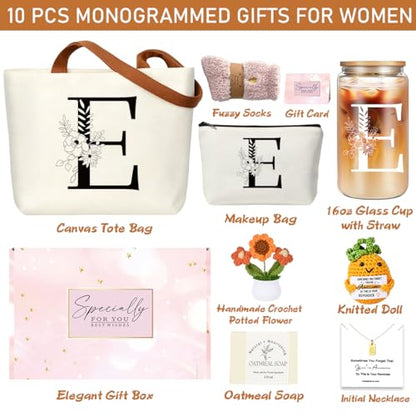 DHQH Birthday Gifts for Women, Monogrammed Gifts Box Included 16 oz Initial Glass Drinking Cup,Canvas Tote Bag, Personalized Iced Coffee Tumbler Gift for Women Her Mom Teacher Friends Sister, E - color: letter-cup-e
