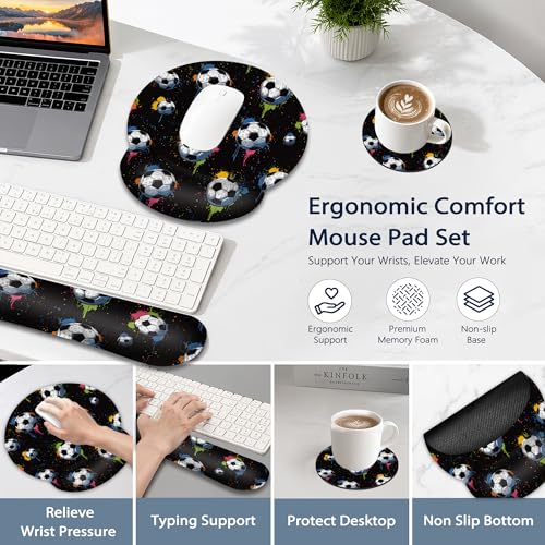 Soccer Keyboard Wrist Rest Pad Ergonomic Mouse Pad Set,3 in 1 Memory Foam Mouse Pad with Non Slip Base for Office and Home - color: Soccer