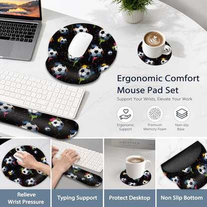 Soccer Keyboard Wrist Rest Pad Ergonomic Mouse Pad Set,3 in 1 Memory Foam Mouse Pad with Non Slip Base for Office and Home - color: Soccer