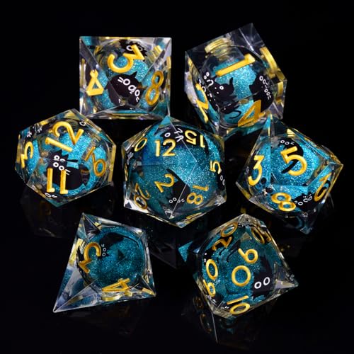 Liquid Core DND Dice Set, 7 Pcs Resin Sharp Edge Polyhedral Dice Quicksand Cat D&D Dice for Dungeons and Dragons RPG Role Playing Table Games - color: Blue