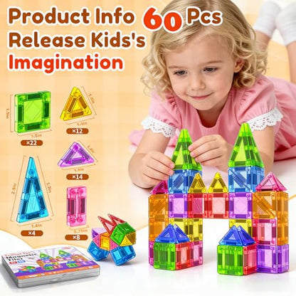 60PCS Mini Magnetic Tiles for Kids Ages 3-5 4-8 with Iron Box Travel Magnet Building Kids Toys for 3 4 5 6 7 8 Year Old Boys Girls Toddler Creativity Construction Sensory Valentines Birthday Gifts