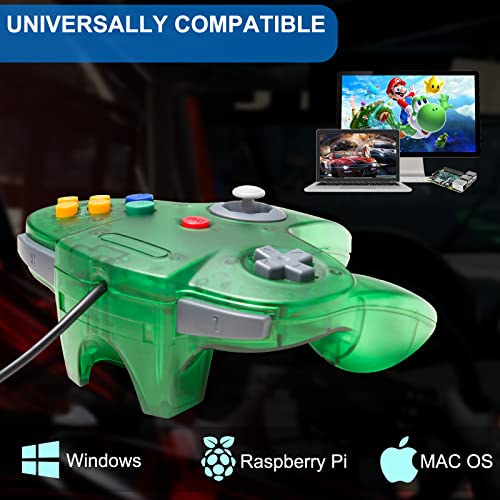 KIWITATA Classic N64 USB Controller, N64 Remote Wired Emulated Game Joystick Controller for Windows PC & MAC & Raspberry Pi 3 Clear Green - color: green
