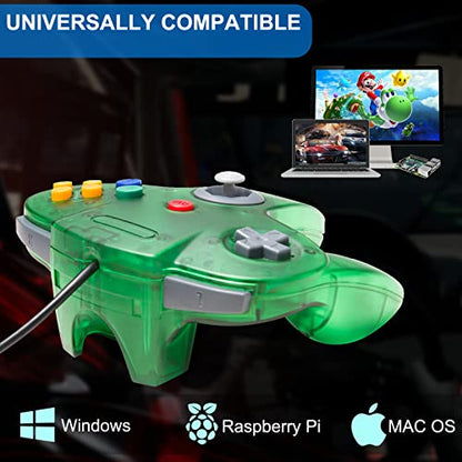 KIWITATA Classic N64 USB Controller, N64 Remote Wired Emulated Game Joystick Controller for Windows PC & MAC & Raspberry Pi 3 Clear Green - color: green