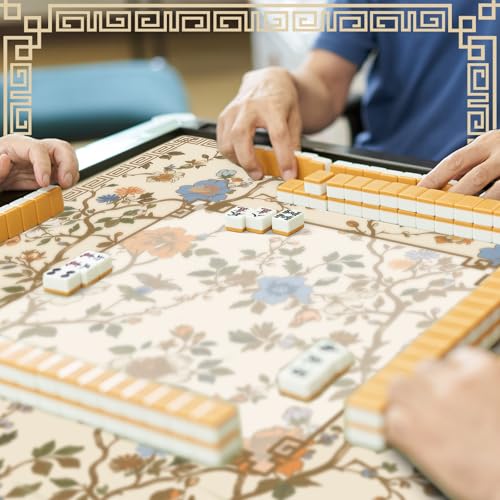 Chinoiserie Mahjong Mat with 1 Carrying Bag 31.5" x 31.5" Beige and White Rubber Anti Slip and Noise Reduction Multi Purpose Game Table Cover for Card, Board Tile Games - color: Beige