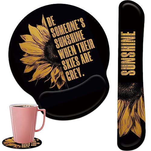 Keyboard Wrist Rest and Mouse Pad Wrist Support Set with Coffee Coaster, Non-Slip PU Base for Gaming and Office, Comfortable & Lightweight for Easy Typing & Pain Relief,Sunflower - color: Sunflower, size: 3 PCS