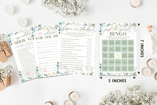 Wildflower Bridal Shower Games Set, 4 Games Includes Over Or Under, Advice for The Bride, Wedding Shoe Game, Find The Guest Bingo, 50 Double-Sided Cards, Wedding Party Supplies -03 - style: 4 Games Set-03
