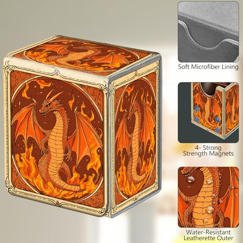 Card Deck Box, Card Storage Box Fits 100+ Single Sleeved Cards, Large Capacity PU Leather Card Storage Box with Strong Magnet for Magic Commander TCG/CCG, Dragon Fire - color: Dragon Fire