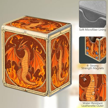 Card Deck Box, Card Storage Box Fits 100+ Single Sleeved Cards, Large Capacity PU Leather Card Storage Box with Strong Magnet for Magic Commander TCG/CCG, Dragon Fire - color: Dragon Fire
