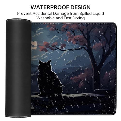 Moon Cat Large Gaming Mouse Pad,Black XL Mouse Pad Gaming 31.5 x 11.8 in Mouse Mat Desk Pad,Large Desk Mat,Extended Keyboard Pad Mousepad with Non-Slip Base and Stitched Edge for Office Home Gaming - color: Moon Cat