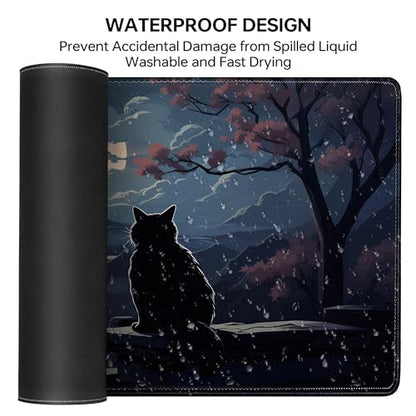 Moon Cat Large Gaming Mouse Pad,Black XL Mouse Pad Gaming 31.5 x 11.8 in Mouse Mat Desk Pad,Large Desk Mat,Extended Keyboard Pad Mousepad with Non-Slip Base and Stitched Edge for Office Home Gaming - color: Moon Cat