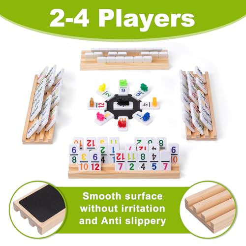 Mexican Train Dominoes Set with 4 Wooden Trays - Double 12 Dominoes Game with 91 Number Tiles, Portable Carrying Case & Accessories - Classic Family Table Game for Kids, Adults & Travel - style: Number with 4 Large Racks