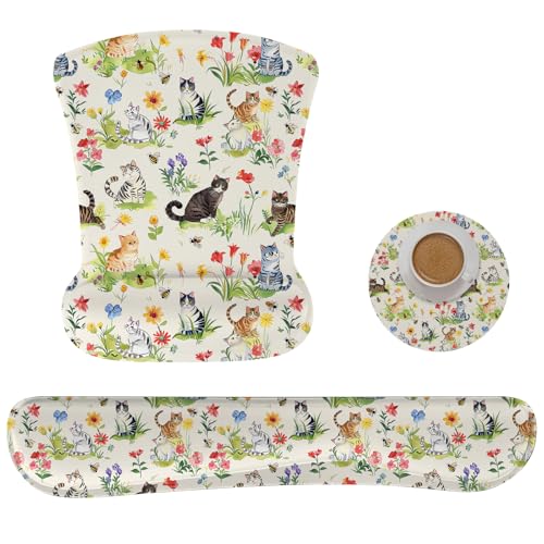 Ergonomic Memory Foam Keyboard Mouse Pad Set with Wrist Rest Support,Non-Slip Hand Wrist Cushion for Laptop/Notebook/Desktop/Computer/Gaming/Office,Easy Typing& Pain Relief (Garden Cat) - color: Garden Cat