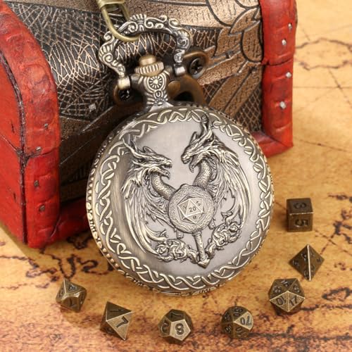 Mini DND Dice Set with Wand and Double Dragon Head Pocket Watch Shell Case, DND Starter Set, 7pcs Polyhedral Mini Metal Dice Set, D&D Gifts with Gift Bag, Role Playing Board Game Accessories, Bronze - color: Bronze