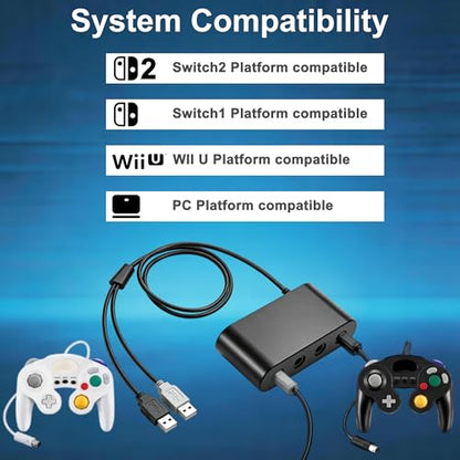 Gamecube Controller Adapter for Wii U, PC Windows, Nintendo Switch/OLED/Switch 2 Gamecube Converter, Support 4 Gamecube Controller to Play Supper Smash Bros with 3.3ft Long Cable