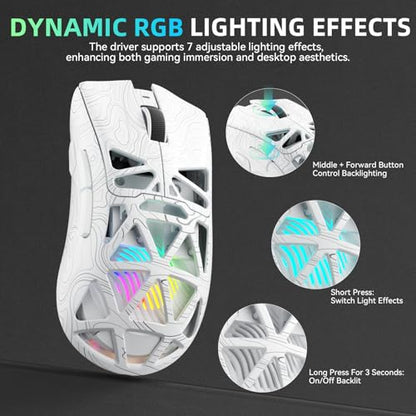 Aula SC620 Wireless Gaming Mouse, Tri-Mode 2.4GHz/USB-C/BT5.3 Computer Mouse with 12000 DPI, Programmable Macro Gamer Mouse with Rapid Fire Key, RGB Light Gaming Mice for PC/Laptop/Mac (Line White) - color: Line white