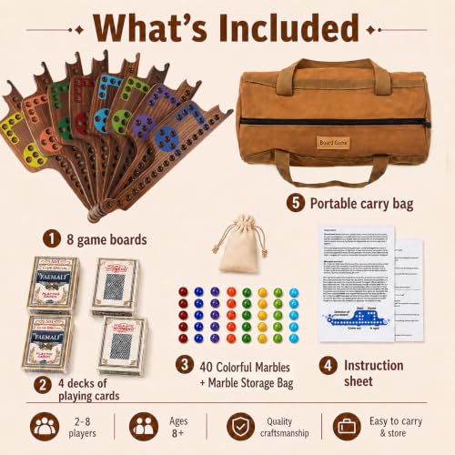 Jokers and Marbles Board Game Set – Wooden Marble Game with 40 Marbles, 4 Decks of Cards, Instructions, 2–8 Player Family Tabletop Game, Portable Travel Party Board Game with Carry Bag - color: Espresso Stained