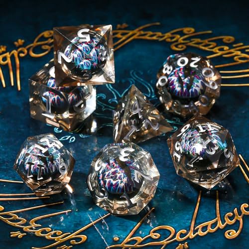 DND Dice Set Dungeons and Dragons Dice, 7 Piece Liquid Core Eye Dice Set D&D Dungeons and Dragons Sharp Edge Resin Dice with Gift Box, Polyhedral Role Playing RPG Dice D20 D12 D10 D8