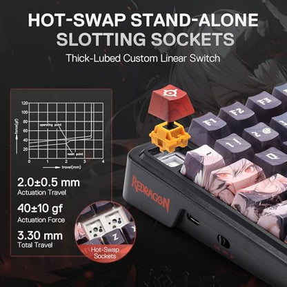 Redragon K719 PRO Wireless Gasket Gaming Keyboard w/Hype Screen & Knob, 95 Keys Mechanical Keyboard, Easy-Control 1.14’’ TFT Info Display, 5-Layer Noise Dampening, Custom Linear Switch, Anime Edition - color: Ember Queen