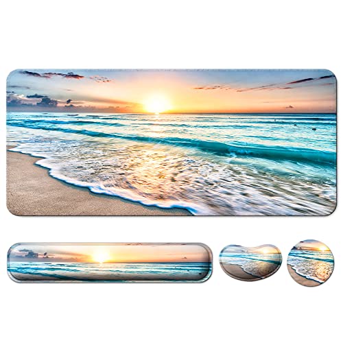 4 in 1 Mouse Pad and Keyboard Wrist Rest,Large Desk Mat,Coaster Set-Beach | Desk Matt For Desktop Wrist Rest Support XXL Gaming Cute Ergonomic for Computer Laptop Women Office Home Decor - color: A1-beach