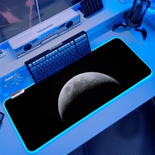 JMIYAV White RGB Gaming Mouse Pad 31.5x12 Inch PC XL Large Extended Glowing Led Light Up Desk Pad Non-Slip Rubber Base Computer Cool Mousepad Mat Desk Accessories Gaming Setup Dark Crescent - color: Dark Crescent