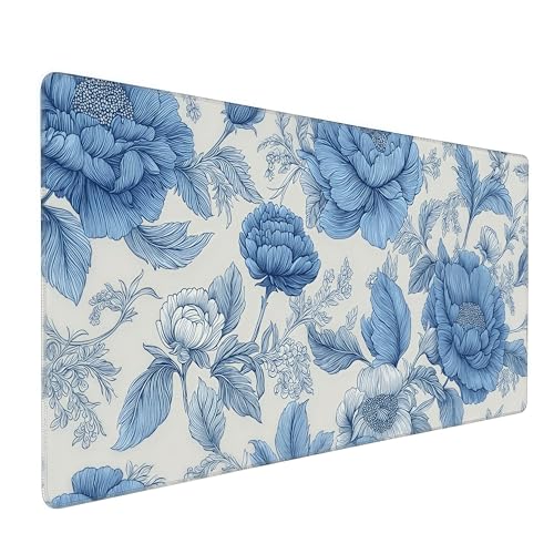Blue Chinoiserie Mouse Pad,Blue and White Floral Desk Mat, XXL Large Floral Preppy Trendy Mouse Pad,Girly Gaming Mousepad,Girly Laptop Desk Mat for Dorm Home Office, 35.4 x 15.7 inches - color: Floral Preppy Trendy