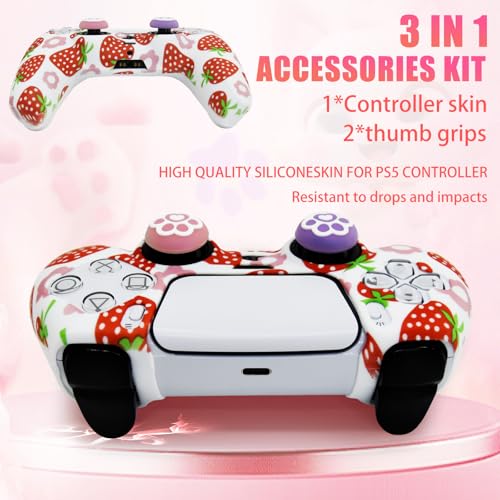 Strawberry Silicone Cover for PS5 Controller - Anti-Slip Protective Skin Grip with 2 Thumb Caps | Cute Pink Kawaii Gaming Accessory (Soft Touch, Washable) - color: Pink Strawberry