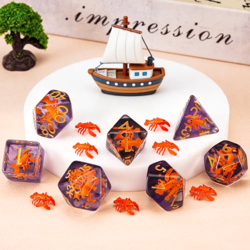 Lobster Resin D&D Dice Set, 7-Piece DND Polyhedral Dice (D4, D6, D8, D10, D12, D20, D%) Dungeons and Dragons Dice Set - color: Lobster1