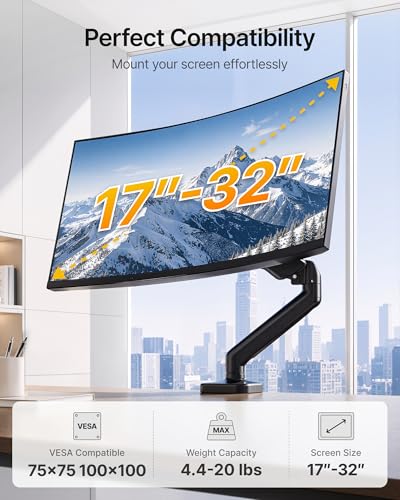 monTEK Single Monitor Arm for 17-32" Flat/Curved Screen up to 19.8 lbs | Mechanical Spring Monitor Arm, Full Motion, Height Adjustable, Alloy Steel, Easy Assembly, Clamp/Grommet, VESA 75/100mm - size: Single Arm
