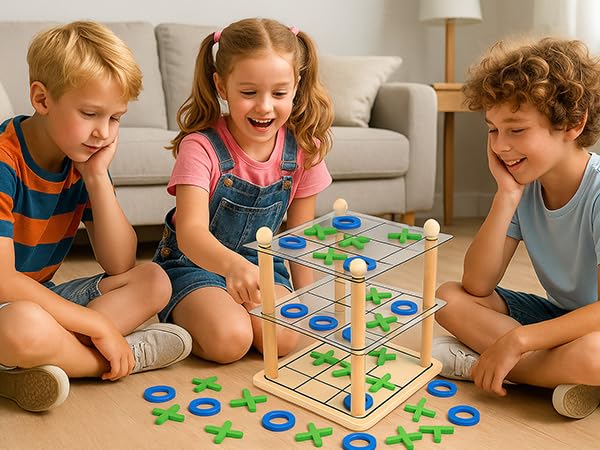 3D Ultimate Wooden Tic Tac Toe Board Game – Classic XO Strategy Game for Kids & Adults, Fun Family Table Games Night, Durable Wooden Tabletop Game