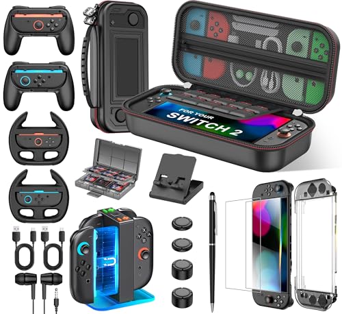 Larstylee 17 in 1 Switch 2 Accessories Bundle - Carrying Case, Screen Protectors, Charging Dock, Steering Wheel, Game Case, Stylus, Headphone, Stand, Protective Case for Joy Cons, Cable SKin - color: Black, size: 17 in 1 Switch 2 Accessories