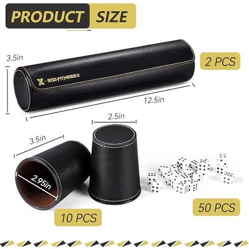 Leather Dice Cup Set, 10 Black Cups, 50 Dice with 2 Storage Travel Cases | 2 PU leather dice sets with Quiet Felt-Lined cups and cases for Liar’s Dice, craps, backgammon and party games - color: 2 Pack Black