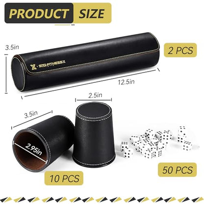 Leather Dice Cup Set, 10 Black Cups, 50 Dice with 2 Storage Travel Cases | 2 PU leather dice sets with Quiet Felt-Lined cups and cases for Liar’s Dice, craps, backgammon and party games - color: 2 Pack Black