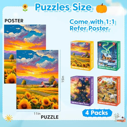 4 Packs 100 Piece Puzzles for Adults, 4 Themed Large Piece Puzzles for Seniors Jigsaw Puzzles for Kids Ages 6-8 8-10 Learning Educational Toys for Boys and Girls - style: Farm Snowy Auror Harvest Season