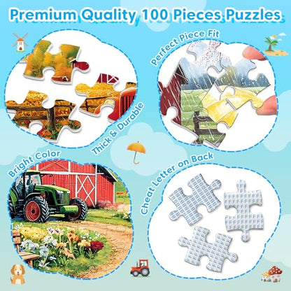 100 Piece Puzzles for Kids Ages 4-6 6-8 8-10 | Farms Beach Resort Jigsaw Puzzles for Seniors Adults, Educational Learning Toys Gifts for Girls Boys 4-Pack 15"x11" - style: Farms & Beach Resort