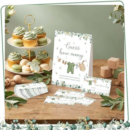 Woodland Guess How Many Baby Shower Game Pack of 1 Tabletop Sign with Stand and 50 How Many Cards, Green Clothes Gender Reveal Party Game Decoration - style: Woodland