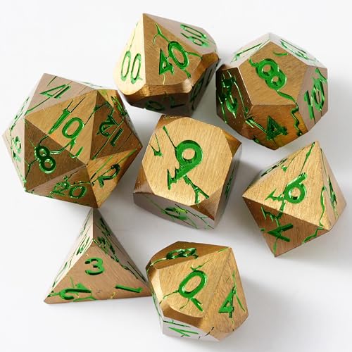 Metal Dice for DND - Ancient Cracked Pharaoh Ruins - Gold Green Cracks | Beautiful 7pc Polyhedral Dice Set, Smooth Rolling, Role Playing Games (RPG), Compatible with D&D, for Dungeons and Dragons - color: Gold and Green Cracks