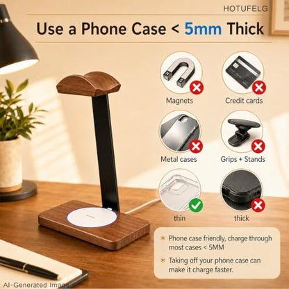 Wooden Headphone Stand with Wireless Charger Pad Nice Gift of Friends-White | Wide Curved Rest Compatible with Beats,Bose,Sony Accessories, Bedside Table, Gaming Setup, Office Organizer for Walnut Desk - color: White