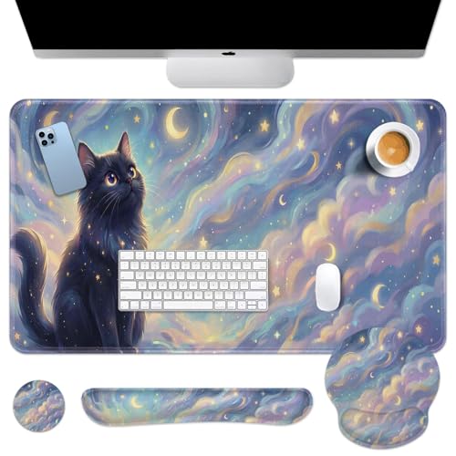 Britimes Starry Clouds Keyboard Mouse Pad Set Whimsical Cat 4in1 Large Mousepad+Keyboard Wrist Rest+Mouse Wrist Rest+Coaster Ergonomic Design for Home Office Computer 35.4x15.7 inches - color: Starry Clouds and Cat