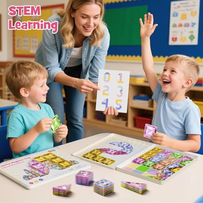 Clear Crystal Glitter Magnetic Tiles: Diamond Building Blocks for Kids | 60PCS Metal Storage Box, Compatible With Most Tile Sets, Strong Magnets, Ages 4-8, 60+ Mins Play Travel & Home Fun - style: Medium Magnetic Tiles - 60PCS