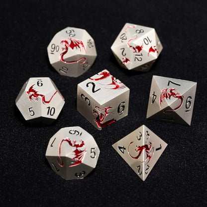 Matte Silver Red Dragon Metal Dice Set,7 PCS Heavy Zinc Alloy DND Dice with Magnetic Gift Box for Tabletop RPG & D&D Games (Silver Red Dragon) - color: Matte Silver With Red