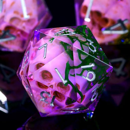 Froggod Purple Moss & Skull DND Dice Set with Gift Box for DND RPG, 7Pcs | Purple resin DND role playing dice with moss skull design and sharp edges for MTG, tabletop games and collectors - color: Purple