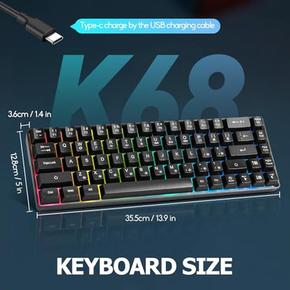 Guiheng Wired Portable 60% Mechanical Feeling Gaming Keyboard,RGB LED Backlit Compact 68 Keys Mini Wired Office Keyboard with Red Switch for Windows Laptop PC Mac - Black - color: black