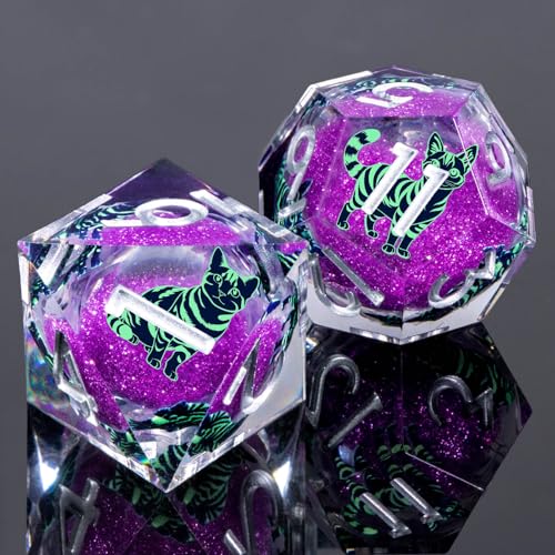KERWELLSI Cat Liquid Core DND Dice Set with Gift Box, 7Pcs Resin Dungeons Sharp Edge D&D Dice, Dragons D and D Role Playing Dice D20 D12 D10 D8 D6 D4, Purple and Light Green Cat - color: Purple and Light Green Cat