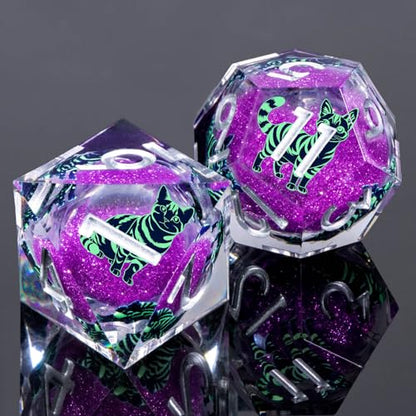KERWELLSI Cat Liquid Core DND Dice Set with Gift Box, 7Pcs Resin Dungeons Sharp Edge D&D Dice, Dragons D and D Role Playing Dice D20 D12 D10 D8 D6 D4, Purple and Light Green Cat - color: Purple and Light Green Cat