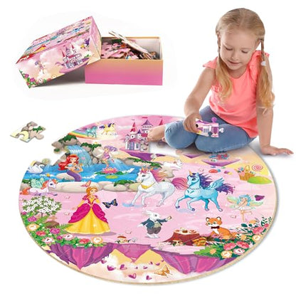 SYNARRY Unicorn Princess Mermaid Fairy Floor Puzzle for Kids Ages 3-5, Large 70 Piece Wooden Puzzle for Kids Ages 4-6, Preschool Toys Gifts for 3 4 5 6 7 8 Years Old Boys Girls Children - style: Unicorn Princess Mermaid Fairy