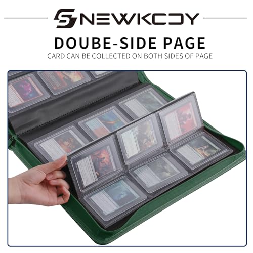 Snekdy Top loader Binder, 9 Pockets Top Loader，Holds 360 Top Loaders cards, Card binder with Sleeves for card in 3 x 4 inch color smooth Zipper PU Leather (Green) - color: Green