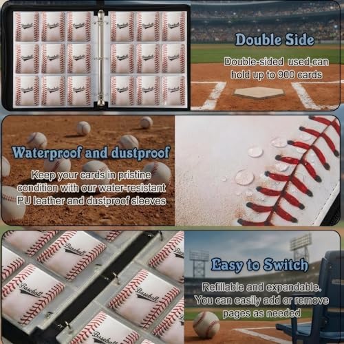 Trading Card Binder 9 Pocket, Retro Baseball Card Binder Holds 900 Cards with 50 Removable Sleeves, Waterproof PU Leather with Zipper Card Collector Album Book Compatible with TCG Cards - color: Retro Baseball